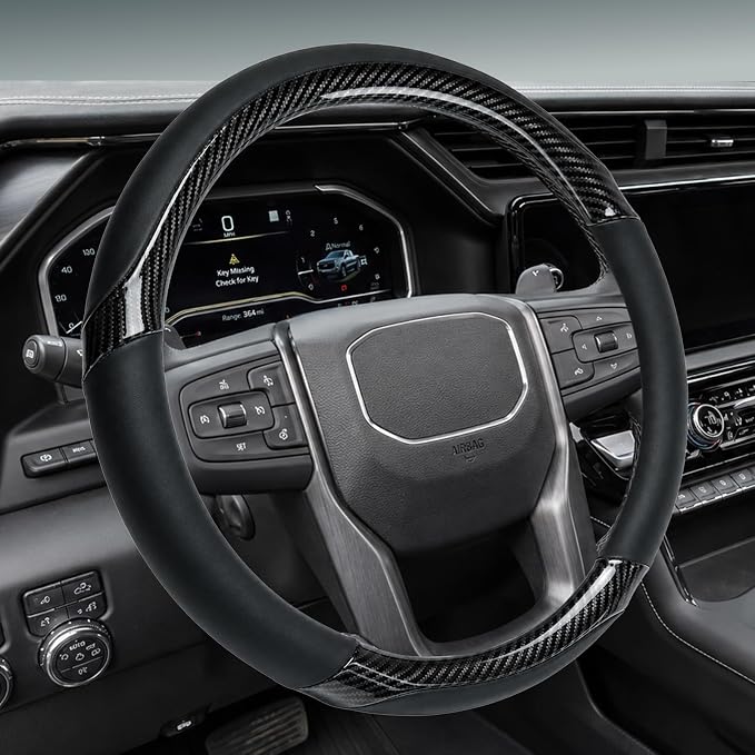 Yangday Leather Steering Wheel Cover for GMC Sierra 1500 2500 3500, 14.5-15 inches Car Steering Wheel Cover with Anti-Slip Massage Particle (Carbon Black)