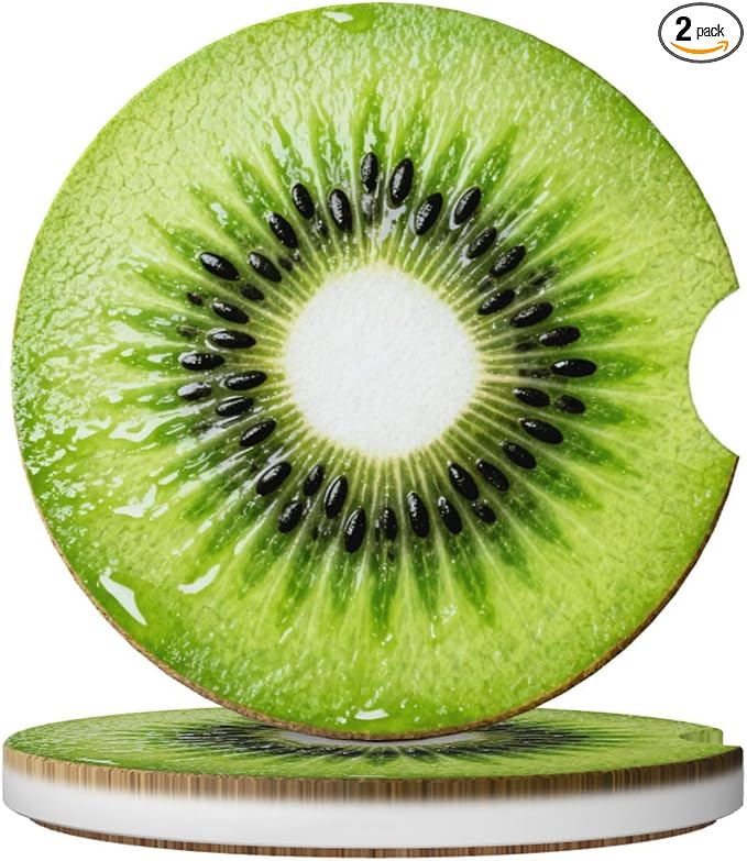 Kiwi Fruit 2 Pack Car Cup Holder Coasters Absorbent Ceramic Drink Coasters 2.56" Universal Anti Slip Cup Mat with Non-Scratch Cork Base and Finger Notch Auto Accessories Interior for Women Men