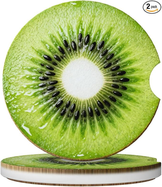 Kiwi Fruit 2 Pack Car Cup Holder Coasters Absorbent Ceramic Drink Coasters 2.56" Universal Anti Slip Cup Mat with Non-Scratch Cork Base and Finger Notch Auto Accessories Interior for Women Men