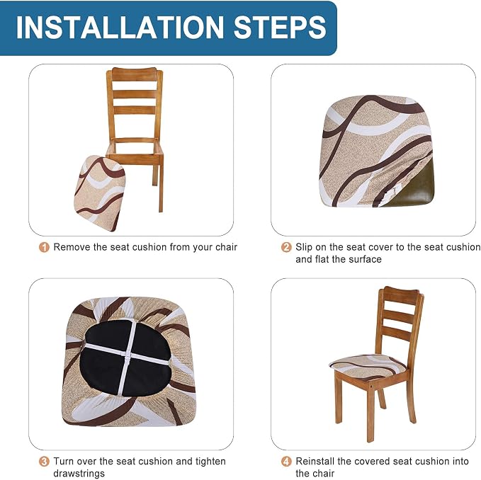 SearchI Seat Covers for Dining Room Chairs Stretch Printed Chair Seat Covers Set of 4, Removable Washable Upholstered Chair Seat Protector Cushion Slipcovers for Kitchen, Office(Beige)
