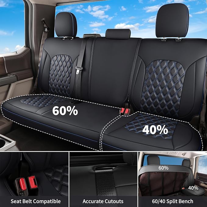 Huidasource Tacoma Rear Seat Covers, Automotive Leather Car Back Seat Cover Fit for 3rd Gen Toyota Tacoma 2016-2023 Double & Crew Cab SR SR5 Limited TRD Sport/Pro/Off Road (Back Row/Black&Blue)