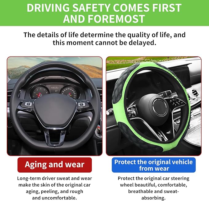 15 Inch Leather Steering Wheel Cover, Automotive Accessories Breathable Anti-Slip Elastic Soft Wheel Protector, Fit for Most SUVs Trucks and RVs (Green)