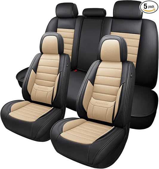 MINGBRON Car Seat Covers Full Set, Brown Car Seat Cover Lumbar Support, Car Seat Protector Waterproof, Nappa Leather Car Seat Cushion, Front Seats and Back Fit for Most Cars Beige