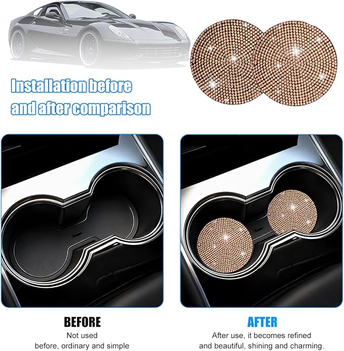 8PCS Bling Car Accessories Set, Sparkly Rhinestone Vehicle Steering Wheel Seat Belt Gear Shift Start Stop Button Cover, Diamond Auto Cup Holder Coaster Decoration, Universal Fit (Champagne)