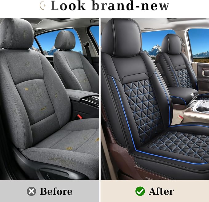 Coverado Ram Seat Covers Full Set, Waterproof Ram 1500 Seat Cover Compatible with 2002-2026 Dodge RAM 1500 2500 3500 Crew Quad Cab with Curved Bench, Black&Blue line