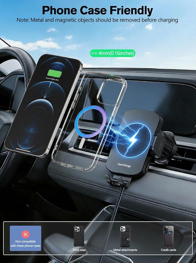 Wireless Car Charger, 15W Fast Charging Auto-Clamping Phone Holder Phone Mount【Windshield+Vent+Dash】 Car Accessories for Women Men fit for iPhone 17 16 15 14 13 12 Pro Max 11 XR XS, Samsung Galaxy