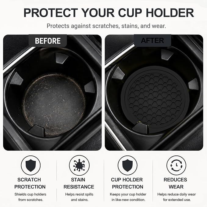 4PCS Car Cup Holder Coasters - 2.75 Inch Non-Slip Insert Water Bottle Holder Pads, Dustproof Automotive Interior Accessories Mat, Universal for Vehicles, Trucks, RVs (Black)
