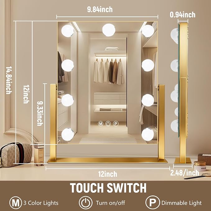 Ratsamee Portable Travel Makeup Mirror with Lights, 2500mAh Rechargeable Vanity Mirror with Touch Control, 3 Color Lighting Dimmable, 7x10Inch Adjustable Desktop Cosmetic Mirror for Bathroom, Bedroom