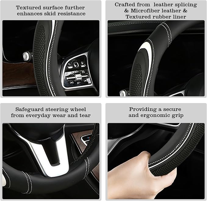 Leather Splicing Black White Car Steering Wheel Cover,14.5-15 Inch Universal Microfiber Leather Covers Breathable Anti-Slip Odorless Steering Wheels Accessories for Men Women