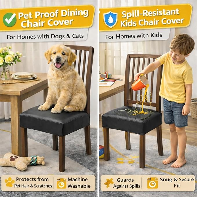 NILUOH Waterproof Seat Covers for Dining Room Chairs Set of 4, Pu Leather Chair Seat Slipcovers Removable Washable Chair Protctor Cover, Chair Slipcover for Family Dogs & Cats, Rear Covers (PU-Black)