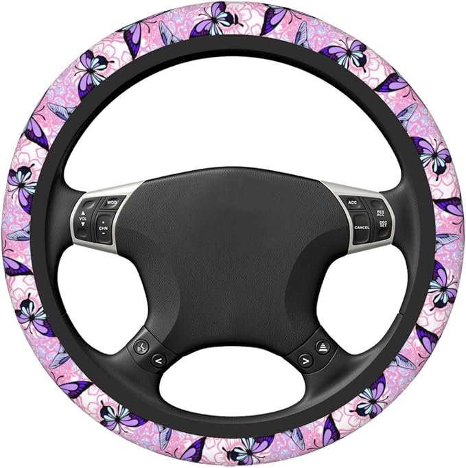 Pink Floral Purple Butterfly Pretty Steering Wheel Cover For Women Men Girls Car Accessories Decor Anti-Slip Neoprene Auto Steering Wheel Covers Protector Universal 15 Inch