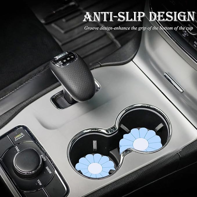 4-Pack Car Cup Holder Coaster Inserts, Daisy Shape, 2.75 Inch Non-Slip Silicone Cup Holder Insert, Universal Non-Slip Cup Holders, Car Accessories Interior for Women and Man (Light Blue)