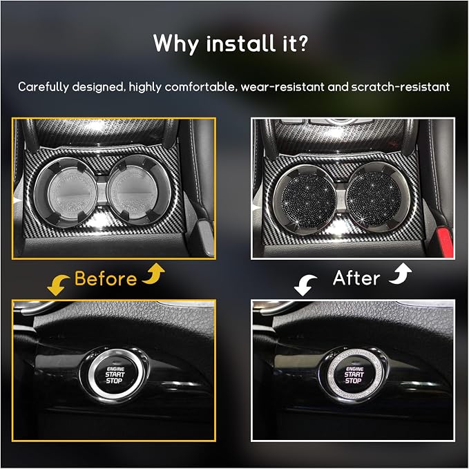 Ziciner 2 Pack Bling Car Cup Holder Coaster, Anti-Slip Auto Insert Coaster with Start Stop Button Cover, Universal Shiny Crystal Vehicle Interior Accessories for Women and Girls (Black)
