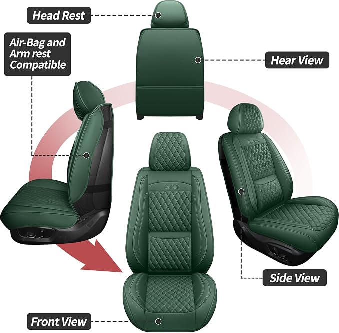 Green Thick Nappa Leather Automotive Front Car Seat Covers Set of 2 | Univerasal Precision Fit,Lumbar Support,3D Contoured,Semi Coverage,Waterproof,ThickTexture,for most Suvs Trucks Sedans