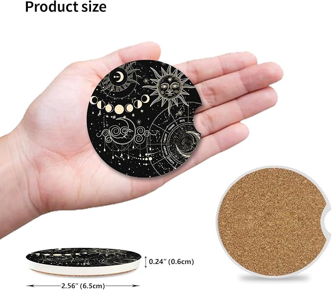Absorbent Car Coasters 2 Pack for Cup Holders, 2.56" Ceramic Stone & Non-Scratch Cork Base Drink Coasters(Moon and Sun)
