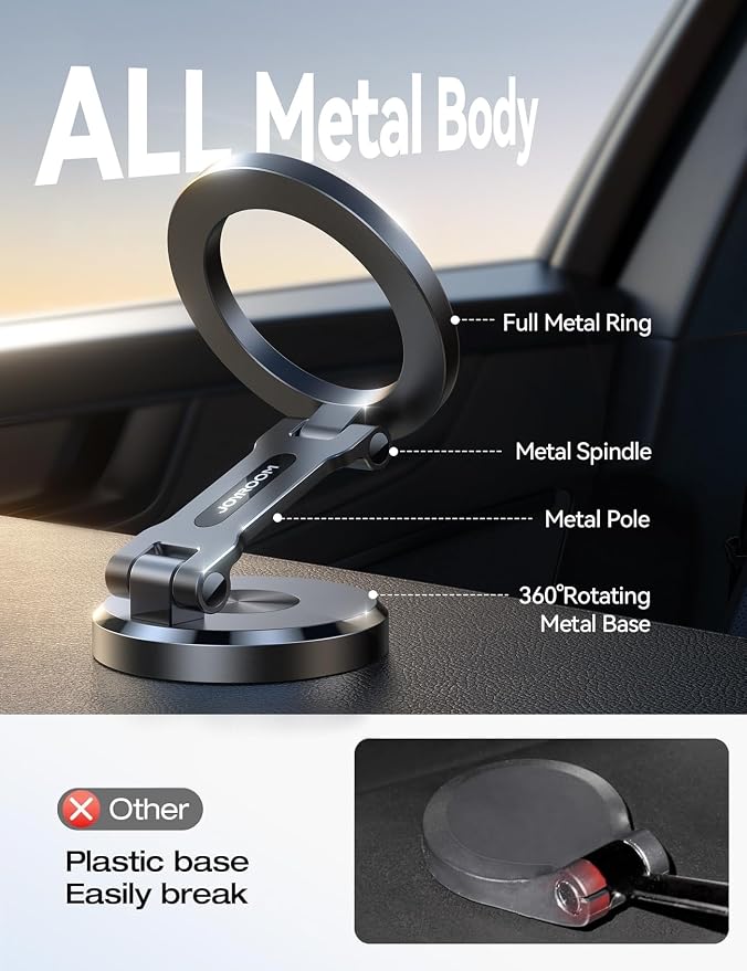 All-Metal MagSafe Car Mount, 360° Rotation Magnetic Car Holder, Space Gray | Strong Magnets Car Phone Holder for Car Dash, Car Accessories for Women Men, Car Mount for iPhone 17 Pro Max Air 16 15 14 13