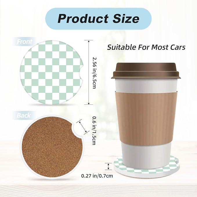 White and Green Checkered Car Coasters for Cup Holders,2 Pack Car Cup Holder Coasters for Car,Ceramic Absorbent Car Coaster with A Finger Notch and Cork Base,Car Interior Accessories for Women Men