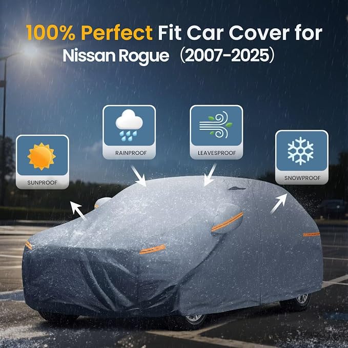 Waterproof Nissan Rogue(2007-2026) Car Cover with Breathable Vents, [Upgrade] Premium Covers with Cotton Liner and Zipper Door, Sun Rain Snow Dust Uv Protection.(Gift with Towel)