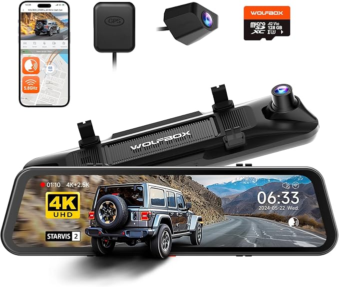 WOLFBOX G900 PRO Mirror Dash Cam with 8MP STARVIS IMX678, 12 inches Rear View Mirror Camera with Front 4K and Rear 2.5K, Included 128GB Card, Voice Control, 5.8GHz WiFi, Loop Recording, G-Sensor & GPS