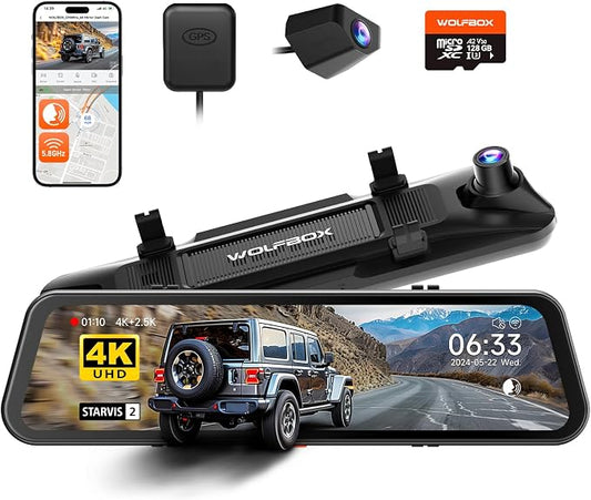 WOLFBOX G900 PRO Mirror Dash Cam with 8MP STARVIS IMX678, 12 inches Rear View Mirror Camera with Front 4K and Rear 2.5K, Included 128GB Card, Voice Control, 5.8GHz WiFi, Loop Recording, G-Sensor & GPS