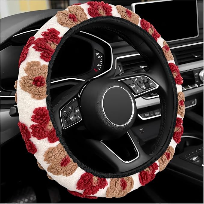 Plush Flowers Steering Wheel Cover, 15 inch Anti-Slip Breathable Steering Wheel Protector Cute Floral Decor, Elastic Soft Wheel Cover Universal Fit for Most Vehicles (Wine Red)