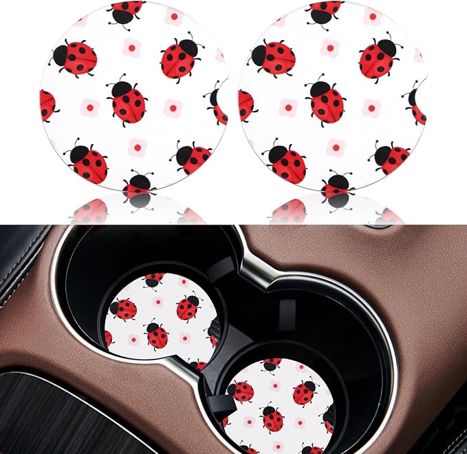2 Pack Ladybug Car Coasters for Women Car Cup Holder Coasters, 2.63 Inch Anti Slip Ceramic Absorbent Coaster with Cork Base and Finger Notch, Funny Car Accessories Interior