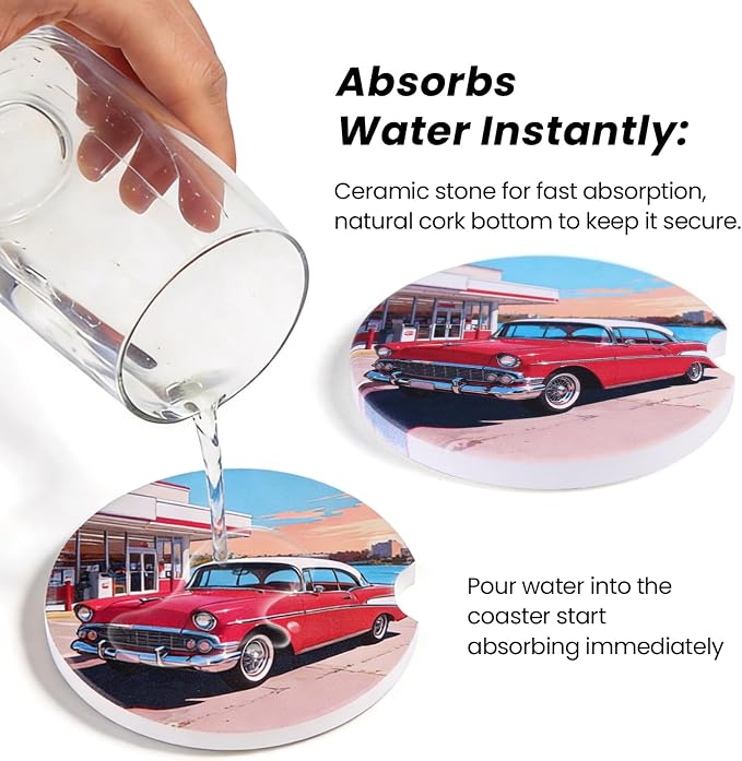 2 Pack Car Coasters for Cup Holders, Absorbent Ceramic Stone Cup Coaster with Non-Slip Cork Base&Finger Notch, Vintage Classic Red Car Gas Station Auto Interior Accessories, Universal 2.59 in