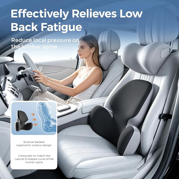 BEBAS Lumbar Support Pillow for Car, Memory Foam Back Cushion for Driving | Ergonomic Wing Wrapping, Back Pain Relief, Breathable Removable Cover, Softness, Universal Fit Car Seat, Office Chair