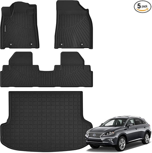 Floor Mats & Trunk Mat for Lexus RX 2010-2015 | All Weather TPE Floor Liners Fit for Lexus RX350/RX450h 1st & 2nd Row and Cargo Liner Odorless Anti-Slip Black Car Mats