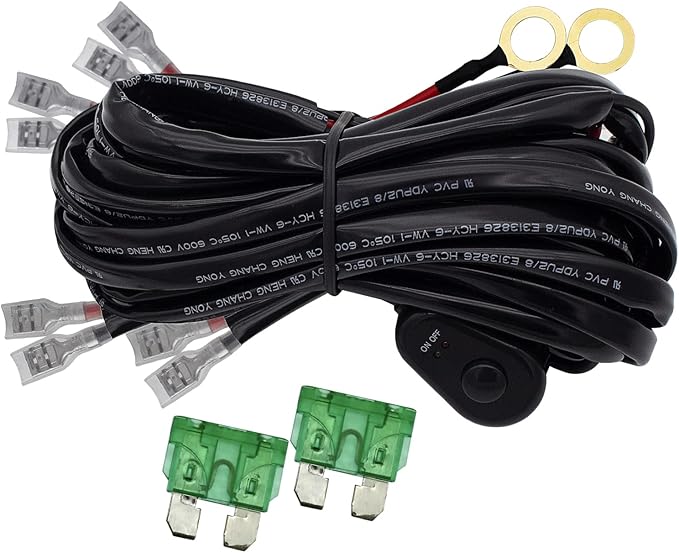 LED Lights Bar Wiring Harness Kit 4 Leads DC12V On-Off Switch Power Relay Blade Fuse 14AWG Core Cable Wiring Harness Kit fit for LED Driving Lights Bar Work Auxiliary Lights