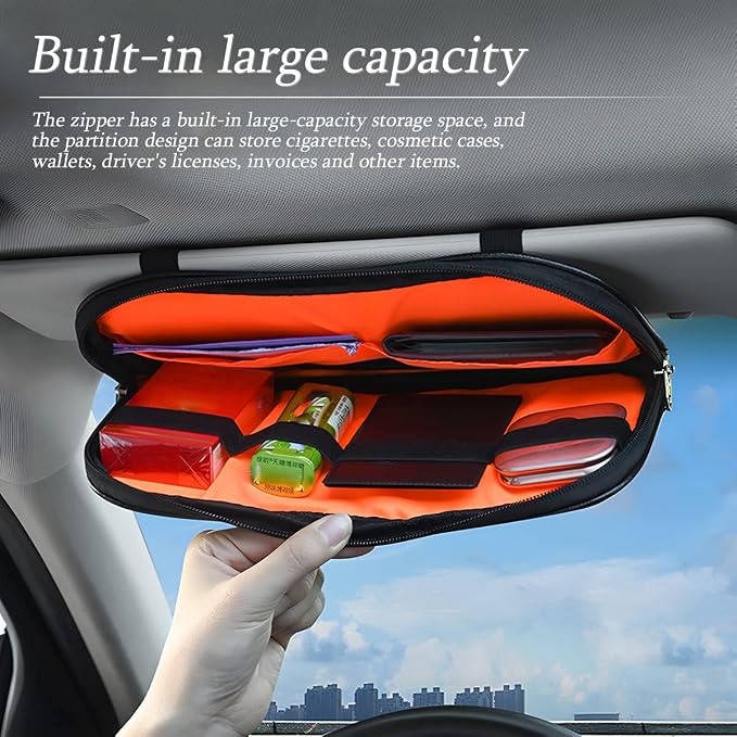 Car Sun Visor Organizer, Sunglass Holder and Storage Pocket, Card Cash Pouch with Multi-Pocket Net Zipper, Case Bag for License Pen Key, Auto Interior Accessories for Truck, SUV, Van (Blue)