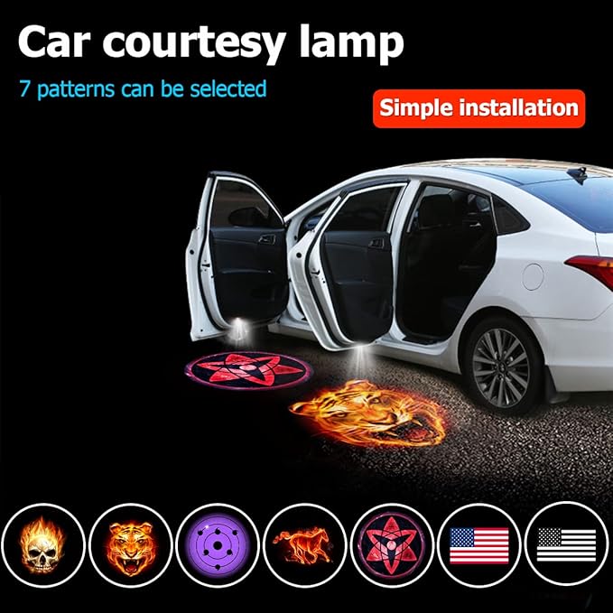 2Pcs Car Door Lights Logo Projector, Wireless LED Car Door Paste Welcome Courtesy Light, Holeless Magnet Sensor Ghost Shadow Welcome Lamp, Naruto Sharingan Light Accessories (Red American Flag)