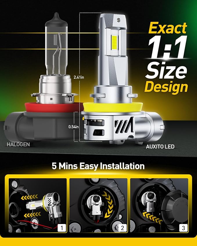 AUXITO H11 H8 H9 Bulbs, 40000LM 1000% Brighter 6500K Cool White Light with Fan, 1:1 Mini Halogen Size, 30 Years Lifespan, CANbus Ready No Flicker, Pack of 2