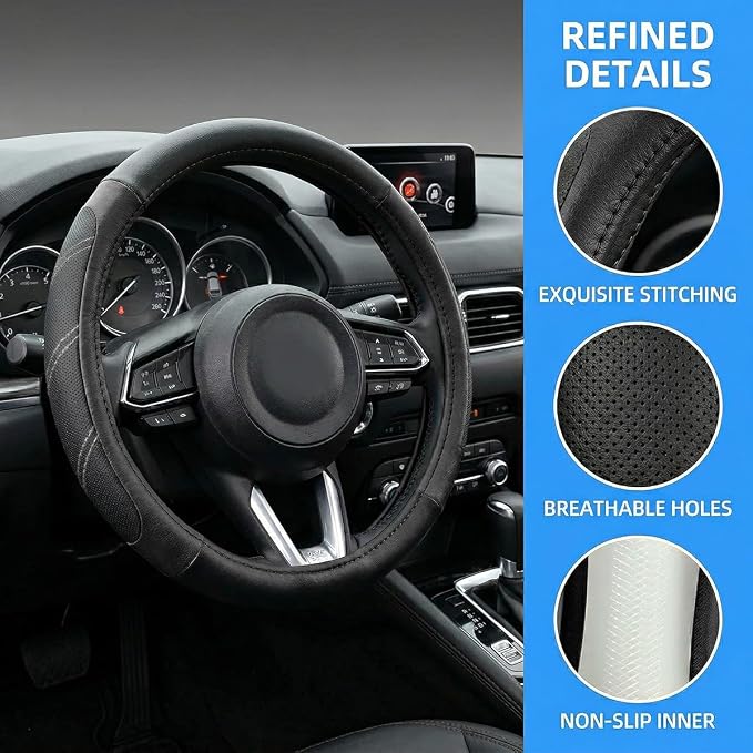 Osilly Car Steering Wheel Cover, 14.5-15" Leather Breathable Anti-Slip Stylish Steering Wheel Protector, Comfortable Auto Interior Decoration Accessories, Universal for SUV Van Truck (Black)