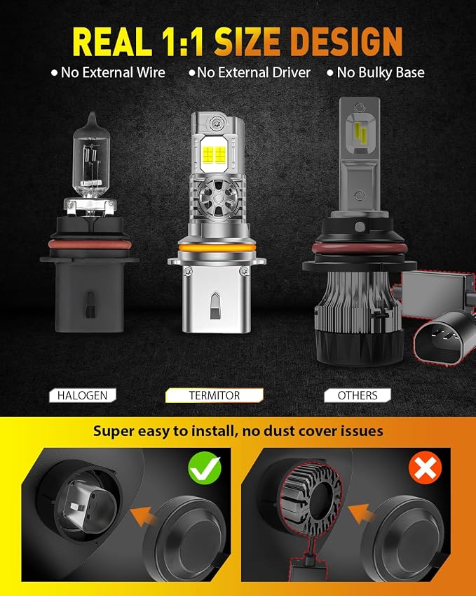 Termitor 9007/HB5 Light Bulbs high/low beam, 60,000LM 1500% Brightness, 70K+ Hours Lifespan, 6500K Cool White Driving Lights, Real 1:1 Mini Size, Plug N Play, CANBUS Ready No Flickering, Pack of 2