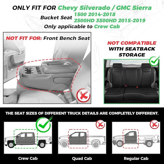 Truck Leather Seat Covers for Chevy Silverado Gmc Sierra 2014-2019 | Crew Cab 1500/2500/3500HD, Bucket Seat, NO Rear Seatback Storage, Scratch-resistant, Easy-clean, Pickup Protector, Full Set