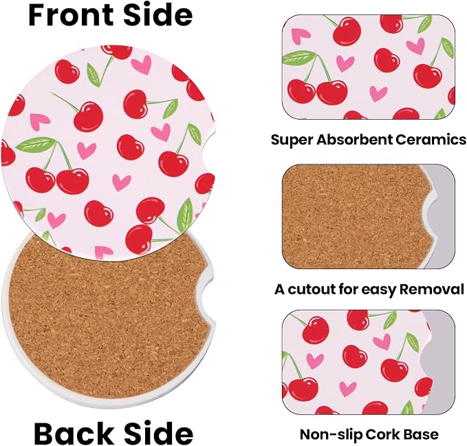 2 Pack Pink Cherry Car Coasters for Women Car Cup Holder Coasters, 2.63 Inch Anti Slip Ceramic Absorbent Coaster with Cork Base and Finger Notch, Cute Car Accessories Interior