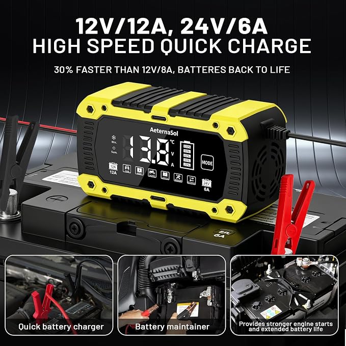Battery Charger 12-Amp 12V and 24V LiFePO4 Car Battery Charger Battery Maintainer Trickle Charger and Battery Desulfator with Temperature Compensation for Car Truck Lawn Mower Boat Batteries
