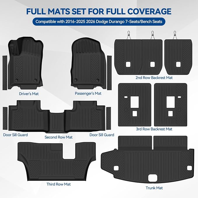 Custom Fit Floor Mats for 2016-2025 2026 Dodge Durango 7-Seater 2nd Row Bench Seats, All Weather TPE Floor Liners with Trunk Mat & Backrest Mats & Door Sill Guard, Full Set Interior Accessories