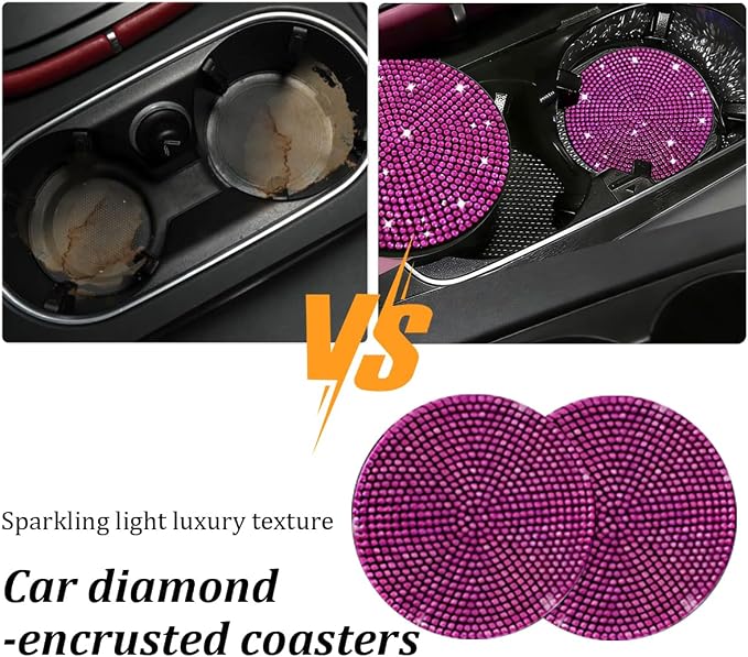 27PCS Bling Car Accessories Set for Women, 14.5-15" Rhinestone Steering Wheel Cover Cup Coaster, USB Charger Phone Holder Headrest Hook, Diamond Auto Interior Decor, Universal Fit (Rose Red)