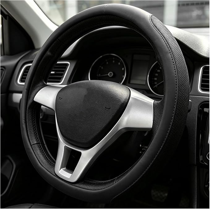 Sun Walker Steering Wheel Cover, Breathable Leather Steering Wheel Covers with Perforated Sides, Anti-Slip Comfortable Grip Auto Sleeve for 14.5-15 Inch Wheels, Car Accessories (Black)