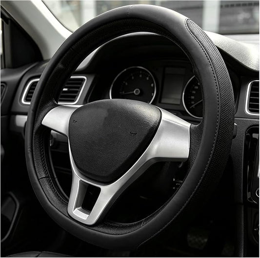Sun Walker Steering Wheel Cover, Breathable Leather Steering Wheel Covers with Perforated Sides, Anti-Slip Comfortable Grip Auto Sleeve for 14.5-15 Inch Wheels, Car Accessories (Black)