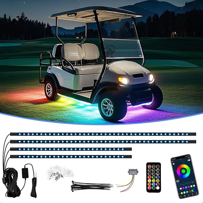 Golf Cart Underbody LED Lights 4Pcs, 12V - 80V Input Golf Cart Underglow Light Kit Bluetooth APP Control Dream Colors for EZGO Club Car Yamaha, Music Mic Sync Modes (Included Voltage Reducer)