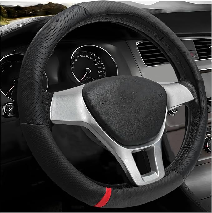 Car Steering Wheel Cover, Breathable Carbon Fiber Wheels Protective Cover Interior Accessories, Universal Anti Slip Protector for Most 14.5-15 Inch Steering Wheels (Black)