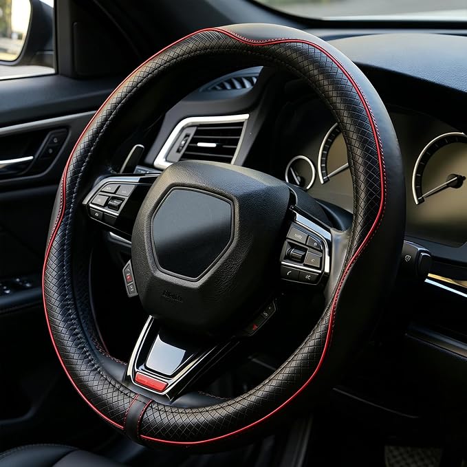 LABBYWAY Microfiber Leather Steering Wheel Cover, Universal 14.5-15 Inch,Anti Slip,Heavy Duty, Thick,Soft,Breathable Car Interior Accessories for Men Women (Black with Red line)