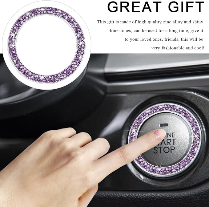 Car Bling Crystal Rhinestone Engine Start Ring Decals, Sparkling Diamond Car Push Start Button Ignition Ring Sticker, Auto Key Ignition Knob Ring Decoration for Women Girls (Purple)