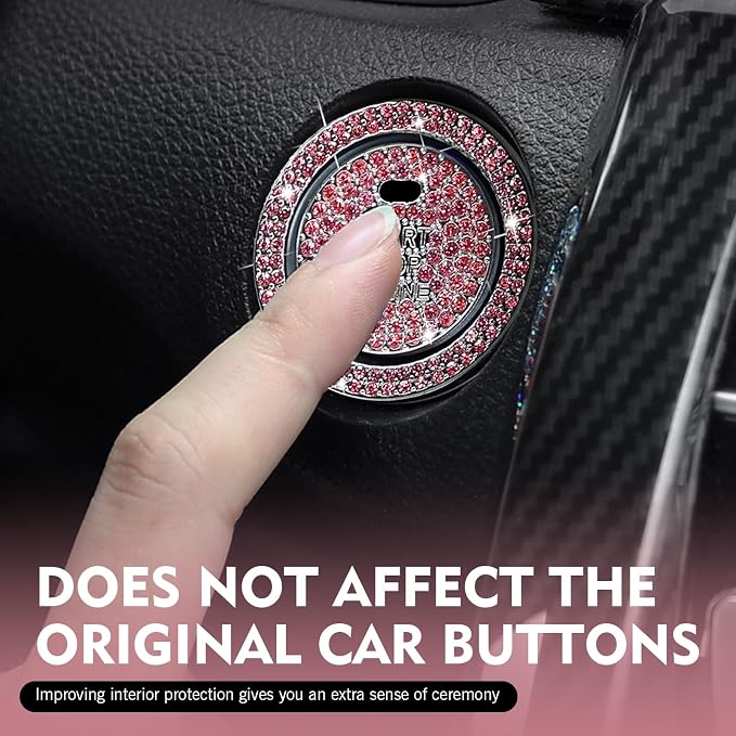 Crystal Rhinestone Car Engine Stop Decoration Ring Sticker, Sparkling Rhinestone Push Start Button Decorative Cover, Bling Interior Accessories for Women, Universal for Most Car (Pink)