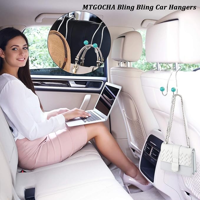 Bling Purse Hook for Car Headrest, Upgraded Cute Car Seat Hooks for Bag Handbag, Durable Stainless Auto Purse Hanger Holder 2 Pack, Lake Blue