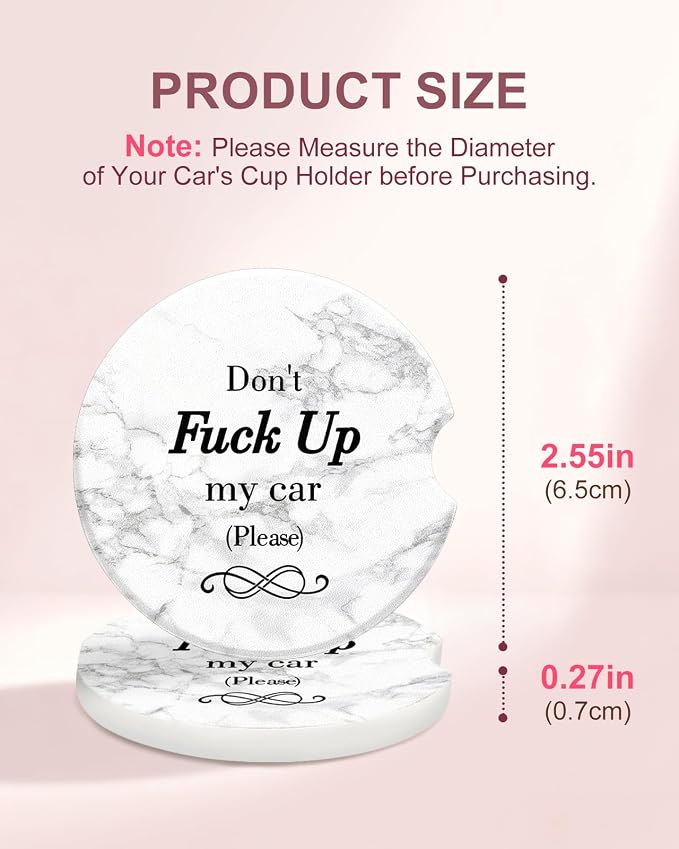 Swooflia Car Coasters for Women - Marble Ceramic Car Cupholder Coaster Cool Absorbent Mat Coaster with Cork Base 2 Pack Automotive Cup Holder Accessories New Driver Gifts for Decor