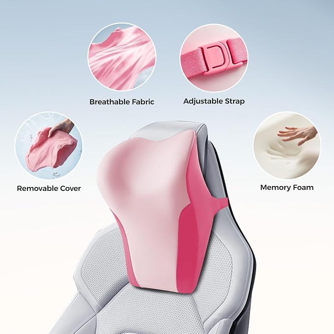 BABUR Car Headrest Pillow, Ergonomic Neck Support for Driving Seat 1 Pcs | Pink,100% Memory Foam,Universal Fit,Softness,Adjustable Strap,Breathable Removable Cover,Car Rest Pillow for Pain Relief